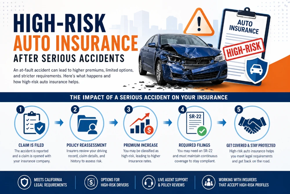 Infographic showing high-risk auto insurance after serious accidents in California, including claim filing, policy reassessment, premium increases, SR-22 requirements, and coverage options for high-risk drivers.
