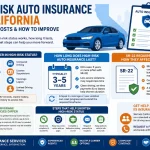 infographic explaining high-risk auto insurance duration in California, showing drivers with DUI records, accidents, SR-22 requirements, insurance costs, and steps that help shorten high-risk status.