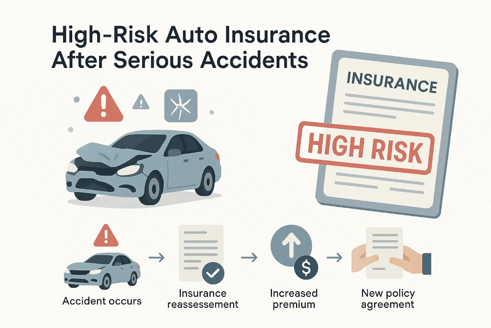 Infographic illustrating high-risk auto insurance after serious accidents. Features damaged car with warning icons, a stamped high-risk insurance policy, and step-by-step icons showing claim process, policy reassessment, premium increase, and agreement.