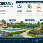 Infographic showing HOA insurance coverage for common areas including pools, clubhouses, walkways, playgrounds, parking areas, and shared community amenities.
