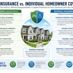 Infographic comparing HOA insurance and individual homeowner insurance coverage, showing protections for shared structures, common areas, liability, personal property, interior coverage, and living expenses within managed communities.