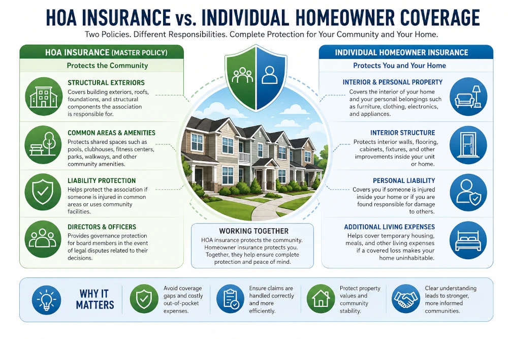 Infographic comparing HOA insurance and individual homeowner insurance coverage, showing protections for shared structures, common areas, liability, personal property, interior coverage, and living expenses within managed communities.