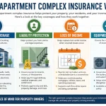 Infographic explaining how apartment complex insurance works, including property coverage, liability protection, loss of rental income coverage, and equipment breakdown protection for multifamily buildings.