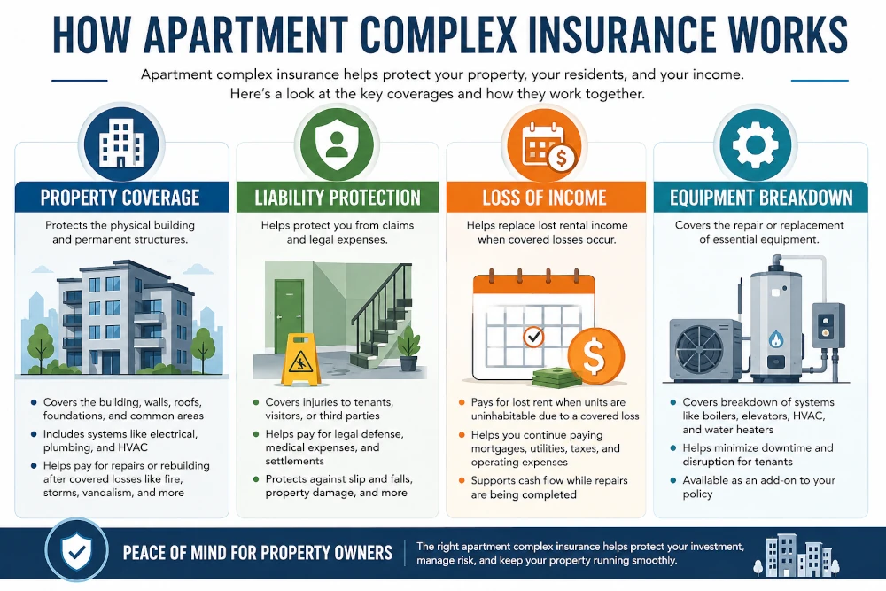 Infographic explaining how apartment complex insurance works, including property coverage, liability protection, loss of rental income coverage, and equipment breakdown protection for multifamily buildings.