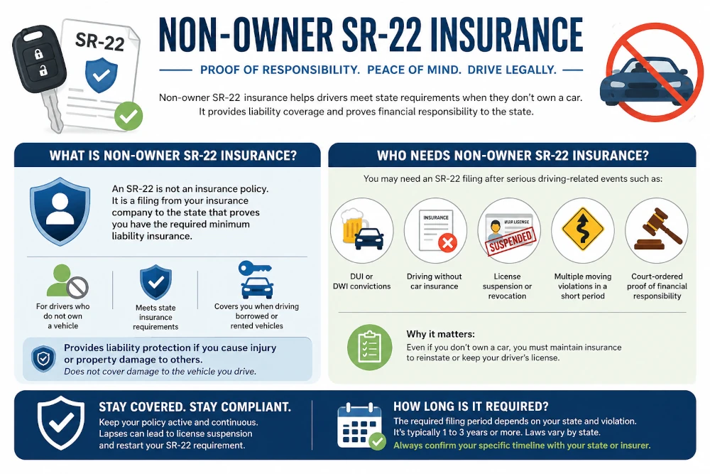 Infographic explaining non-owner SR-22 insurance coverage for drivers without vehicles, including license reinstatement, DUI requirements, liability protection, and state compliance rules.