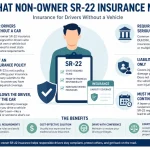 Infographic explaining non-owner SR-22 insurance for drivers without vehicles, including liability coverage, license reinstatement requirements, compliance rules, and high-risk driver situations.