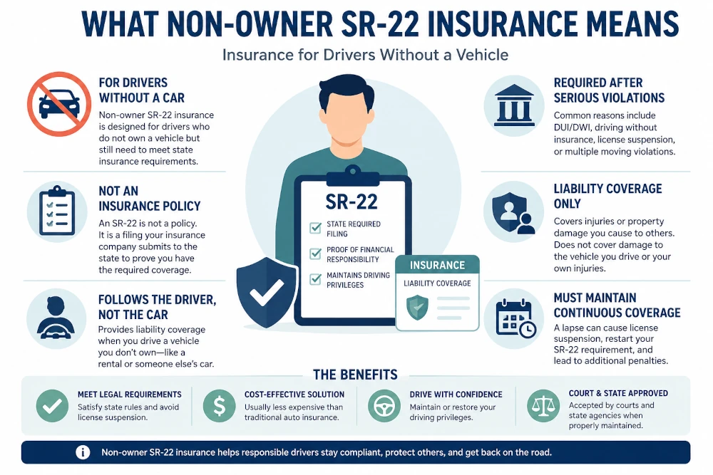Infographic explaining non-owner SR-22 insurance for drivers without vehicles, including liability coverage, license reinstatement requirements, compliance rules, and high-risk driver situations.