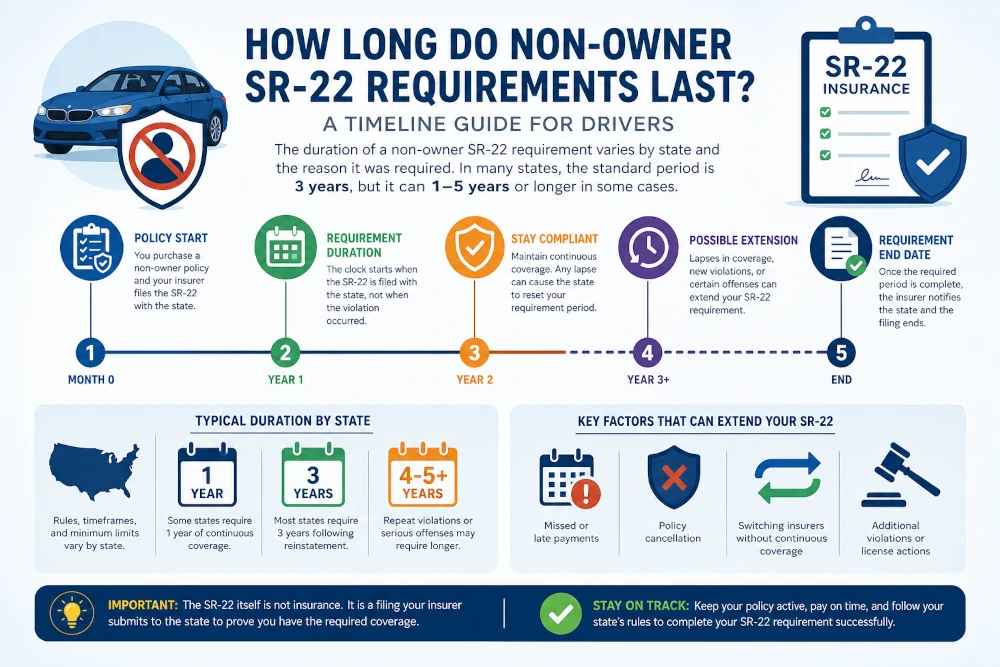 Visual timeline explaining non-owner SR-22 duration, showing typical coverage periods, renewal requirements, and common reasons the filing period may be extended