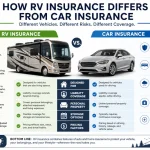 Infographic comparing RV insurance vs car insurance showing differences in liability, personal belongings coverage, living space protection, and storage flexibility.