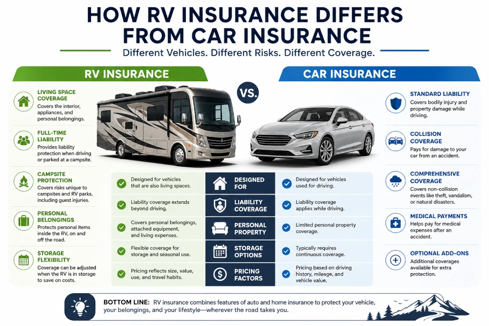 Infographic comparing RV insurance vs car insurance showing differences in liability, personal belongings coverage, living space protection, and storage flexibility.