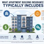 Infographic explaining what apartment building insurance typically includes, featuring property coverage, liability protection, loss of rental income, equipment breakdown coverage, and optional protections for multifamily properties.