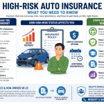 Infographic explaining what qualifies as high-risk auto insurance in California, including DUIs, accidents, coverage gaps, SR-22 requirements, rising premiums, and ways drivers can improve their risk profile.