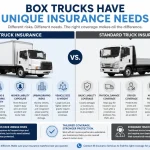 Infographic comparing box truck insurance and standard truck insurance, highlighting cargo coverage, loading risks, liability exposure, urban driving hazards, and specialized commercial coverage needs.
