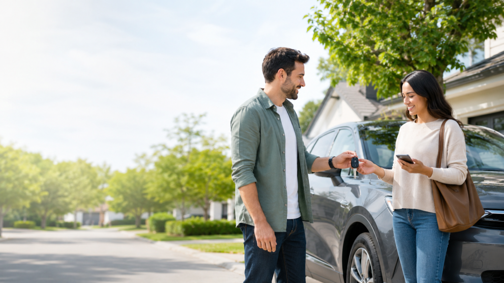 Driver receiving keys to a borrowed car while reviewing auto insurance coverage