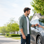 Driver receiving keys to a borrowed car while reviewing auto insurance coverage