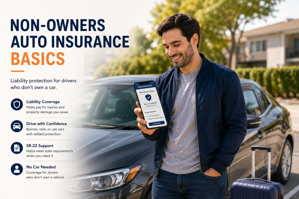 Driver reviewing non-owner auto insurance on a phone beside a parked car