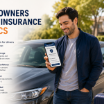 Driver reviewing non-owner auto insurance on a phone beside a parked car
