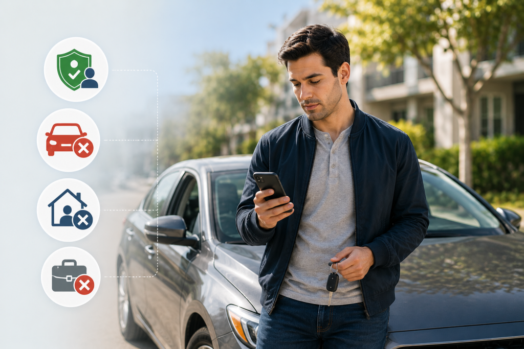 Driver reviewing non-owner auto insurance limitations beside a borrowed car