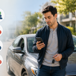 Driver reviewing non-owner auto insurance limitations beside a borrowed car