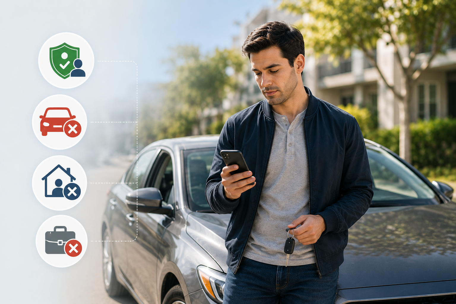 Driver reviewing non-owner auto insurance limitations beside a borrowed car