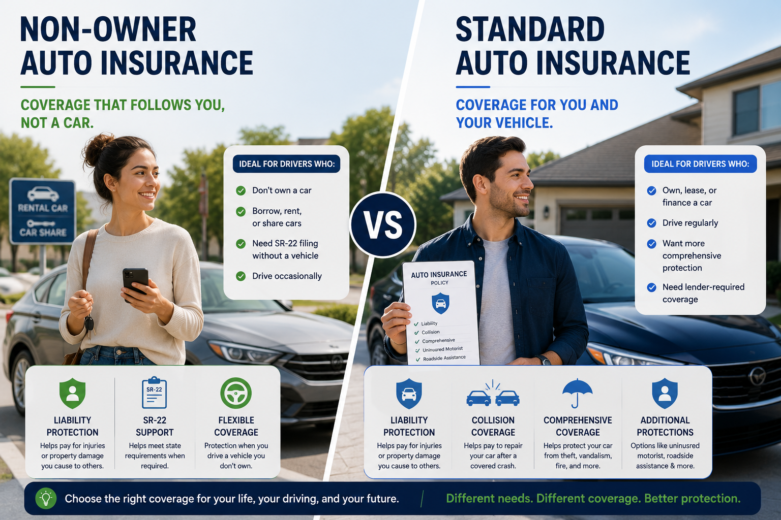 Non-owner insurance and standard auto insurance compared beside borrowed and owned cars