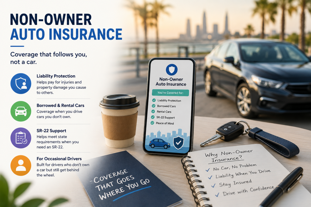 Non-owner auto insurance shown on a phone beside car keys, a parked car, and coverage notes
