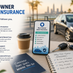 Non-owner auto insurance shown on a phone beside car keys, a parked car, and coverage notes