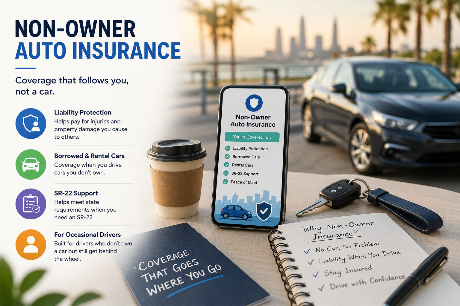 Non-owner auto insurance shown on a phone beside car keys, a parked car, and coverage notes