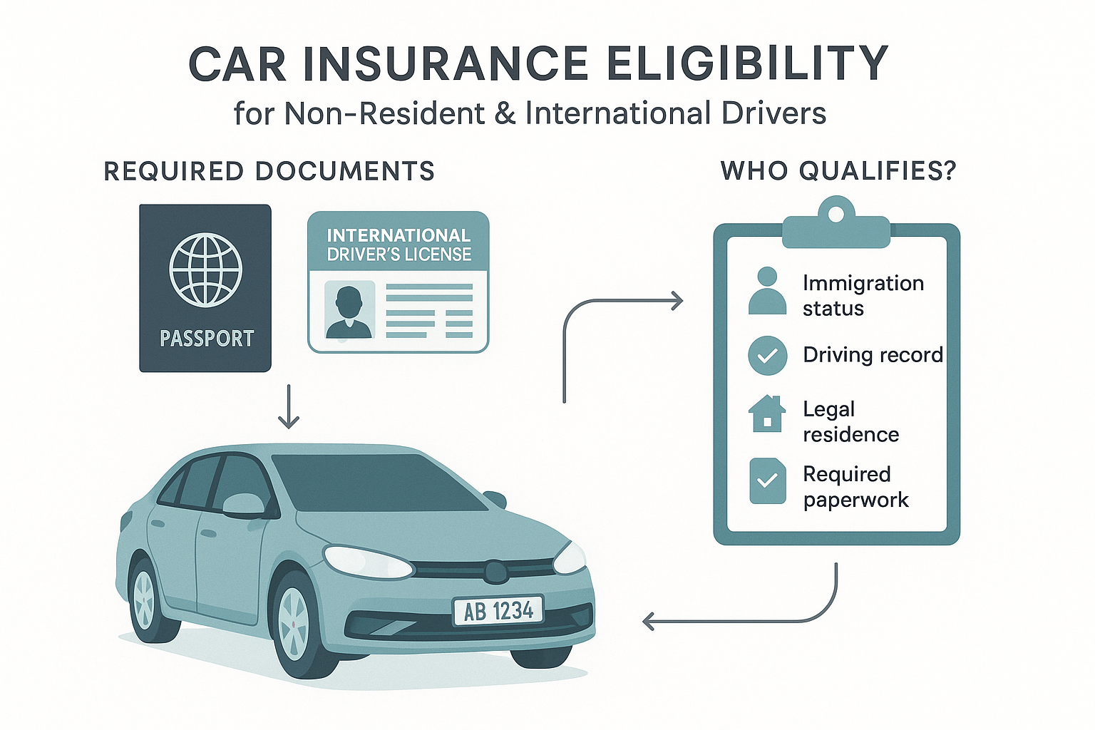 Infographic with passport, international driver’s license, foreign-plated car, and checklist, illustrating car insurance eligibility for non-resident and international drivers. Icons highlight required documents, immigration status, driving record, and legal residence. Minimalist design with soft blue, teal, and charcoal accents on a white background.