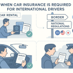 Minimalist infographic showing when car insurance is required for international drivers: airport rental desk, highway border crossing with flags, foreign driver checking insurance slip, officer inspecting documents; icons, arrows, and circles label EU, USA, Japan, and Australia. Clear educational vector art.