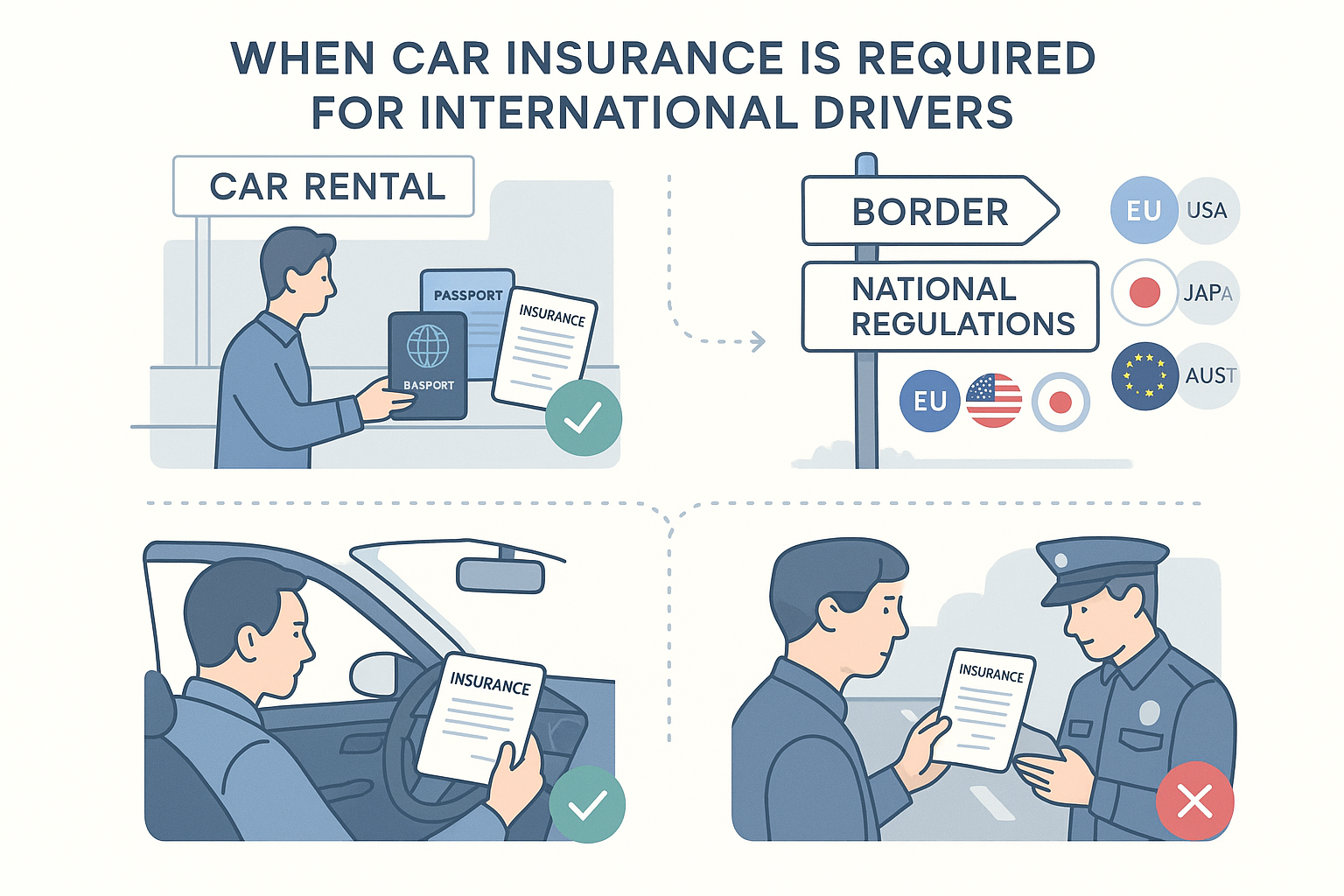 Minimalist infographic showing when car insurance is required for international drivers: airport rental desk, highway border crossing with flags, foreign driver checking insurance slip, officer inspecting documents; icons, arrows, and circles label EU, USA, Japan, and Australia. Clear educational vector art.