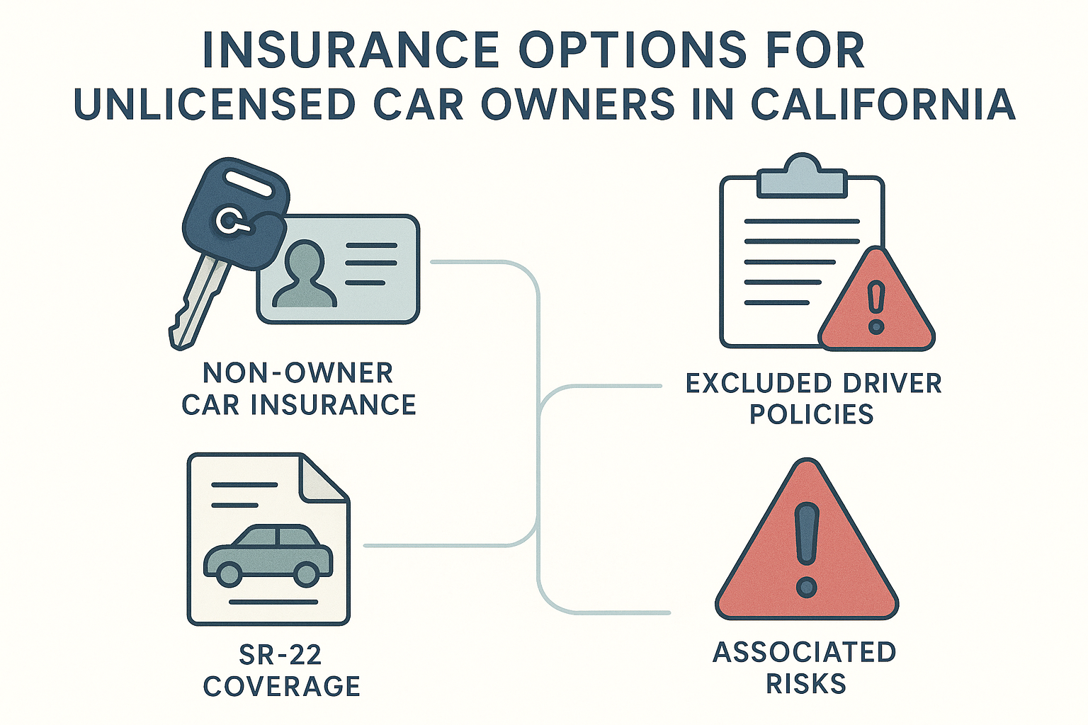 Infographic illustrating insurance options for unlicensed car owners in California, highlighting non-owner policies, excluded driver coverage, SR-22 requirements, and risks.