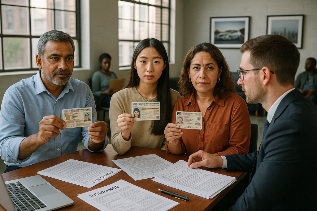 Three diverse applicants present foreign driver’s licenses to an insurance agent in a modern office. Documents and a laptop are on the desk. Daylight streams in, paperwork shows natural wear, and international décor and a waiting area with other applicants are visible in the background.