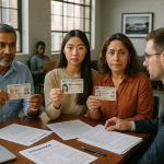 Three diverse applicants present foreign driver’s licenses to an insurance agent in a modern office. Documents and a laptop are on the desk. Daylight streams in, paperwork shows natural wear, and international décor and a waiting area with other applicants are visible in the background.