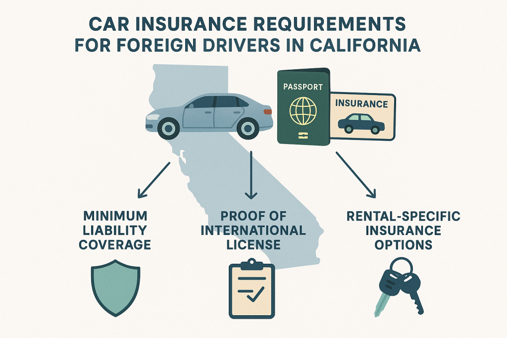 Infographic showing California car insurance requirements for foreign drivers, featuring a highlighted state map, icons for a sedan, passport, and insurance card, and labeled sections for minimum liability coverage, international license proof, and rental insurance. Soft colors and clear design ensure accessibility.