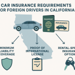 Infographic showing California car insurance requirements for foreign drivers, featuring a highlighted state map, icons for a sedan, passport, and insurance card, and labeled sections for minimum liability coverage, international license proof, and rental insurance. Soft colors and clear design ensure accessibility.