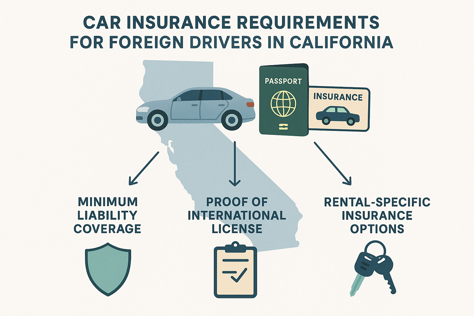 Infographic showing California car insurance requirements for foreign drivers, featuring a highlighted state map, icons for a sedan, passport, and insurance card, and labeled sections for minimum liability coverage, international license proof, and rental insurance. Soft colors and clear design ensure accessibility.