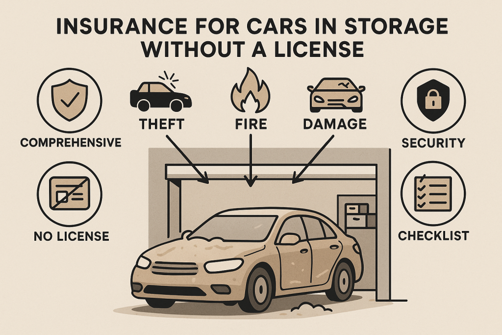Minimalist infographic showing a dust-covered car in a garage, surrounded by icons representing comprehensive insurance, security, no license, and checklist. Arrows highlight risks like theft, fire, and damage. Title reads 'Insurance for Cars in Storage Without a License.'