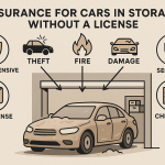 Minimalist infographic showing a dust-covered car in a garage, surrounded by icons representing comprehensive insurance, security, no license, and checklist. Arrows highlight risks like theft, fire, and damage. Title reads 'Insurance for Cars in Storage Without a License.'