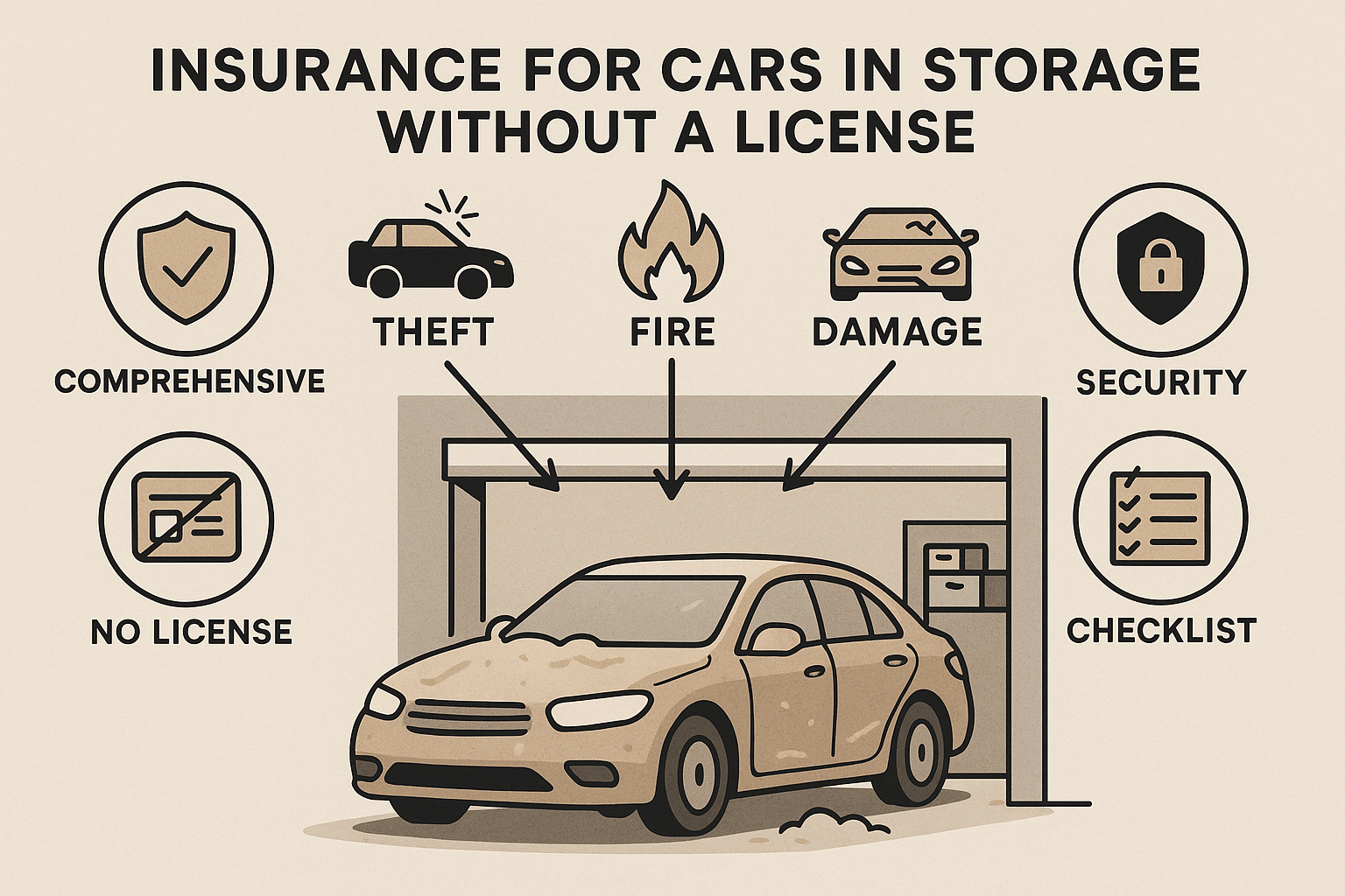 Minimalist infographic showing a dust-covered car in a garage, surrounded by icons representing comprehensive insurance, security, no license, and checklist. Arrows highlight risks like theft, fire, and damage. Title reads 'Insurance for Cars in Storage Without a License.'