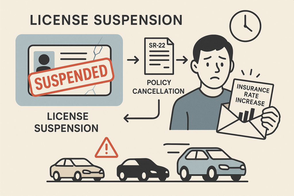Minimalist infographic showing a suspended driver's license, arrows leading to a worried driver with increased insurance rates, risk-labeled cars, and icons illustrating SR-22, policy cancellation, legal and time impacts, designed for clear understanding of license suspension's effect on auto insurance.