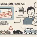 Minimalist infographic showing a suspended driver's license, arrows leading to a worried driver with increased insurance rates, risk-labeled cars, and icons illustrating SR-22, policy cancellation, legal and time impacts, designed for clear understanding of license suspension's effect on auto insurance.