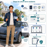 Infographic titled Car Insurance With a Non-US License showing five steps for short-term residents: gather documents including passport, foreign driver's license, local address and identification; confirm your stay length; compare insurers; complete insurance forms; and get proof of coverage. A driver stands beside a car holding a passport and a foreign driver's license.