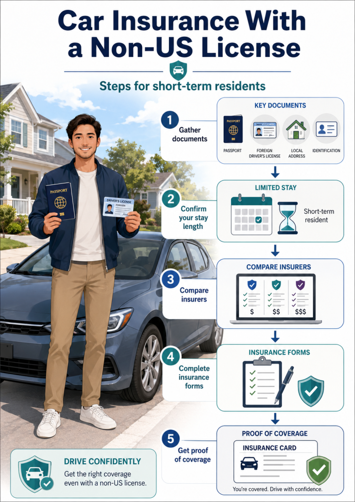 Infographic titled Car Insurance With a Non-US License showing five steps for short-term residents: gather documents including passport, foreign driver's license, local address and identification; confirm your stay length; compare insurers; complete insurance forms; and get proof of coverage. A driver stands beside a car holding a passport and a foreign driver's license.