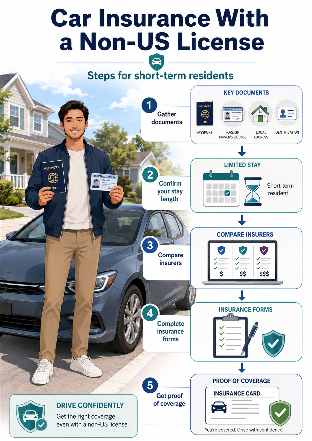 Infographic titled Car Insurance With a Non-US License showing five steps for short-term residents: gather documents including passport, foreign driver's license, local address and identification; confirm your stay length; compare insurers; complete insurance forms; and get proof of coverage. A driver stands beside a car holding a passport and a foreign driver's license.