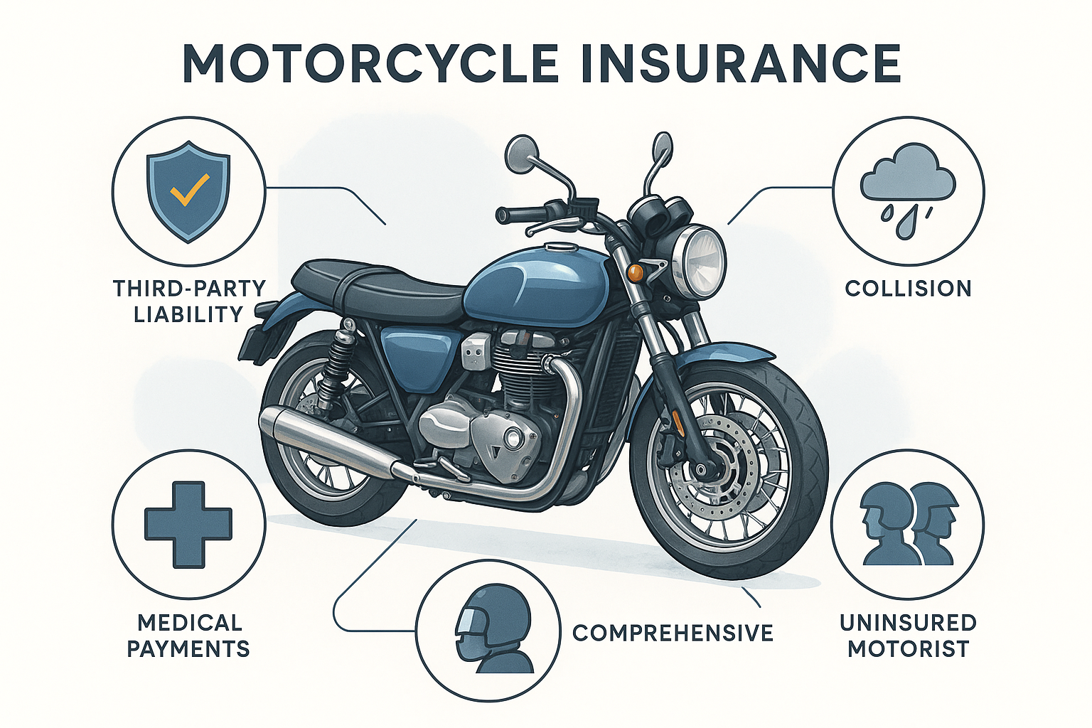 Educational infographic showing a detailed modern blue motorcycle in 3/4 view with labeled call-outs for liability, collision, comprehensive, uninsured motorist, and medical payments, each using clear icons. Minimalist design, blue and gold accents, clean background, and subtle realistic details.