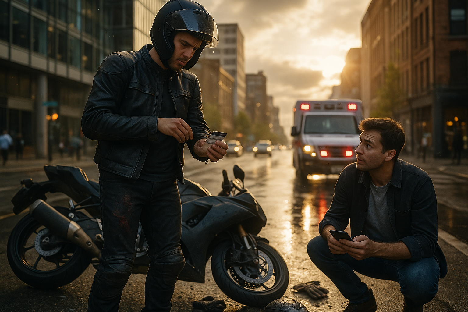 A motorcyclist with minor injuries examines his insurance card beside his fallen bike on a city street as a passerby offers help and an ambulance approaches, emphasizing the importance of motorcycle accident insurance for rider protection.