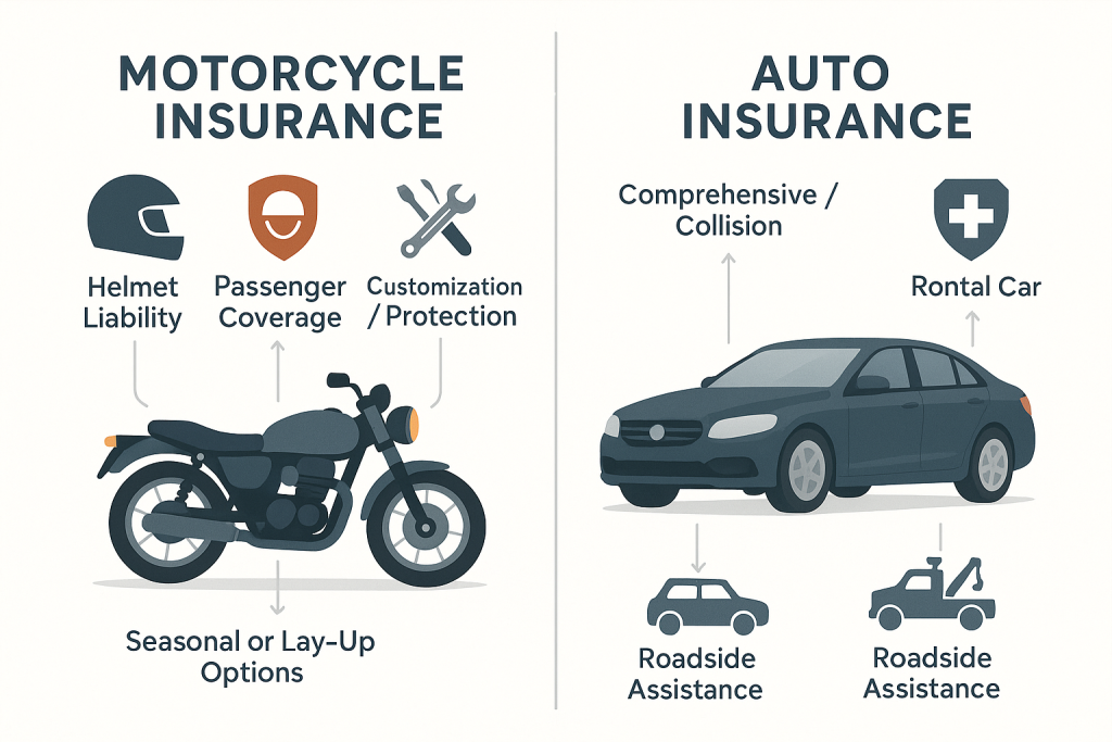 Minimalist infographic split panel compares motorcycle and auto insurance coverage.