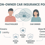 Contemporary infographic illustrates non-owner car insurance. Shows human figures beside a locked car, overlapping circles highlight driver versus car owner, and shield icons depict liability, rental, and borrowed vehicle coverage. Dashed lines, arrows, and clear labels clarify policyholder, coverage areas, and exclusions. Modern, accessible design with muted colors.