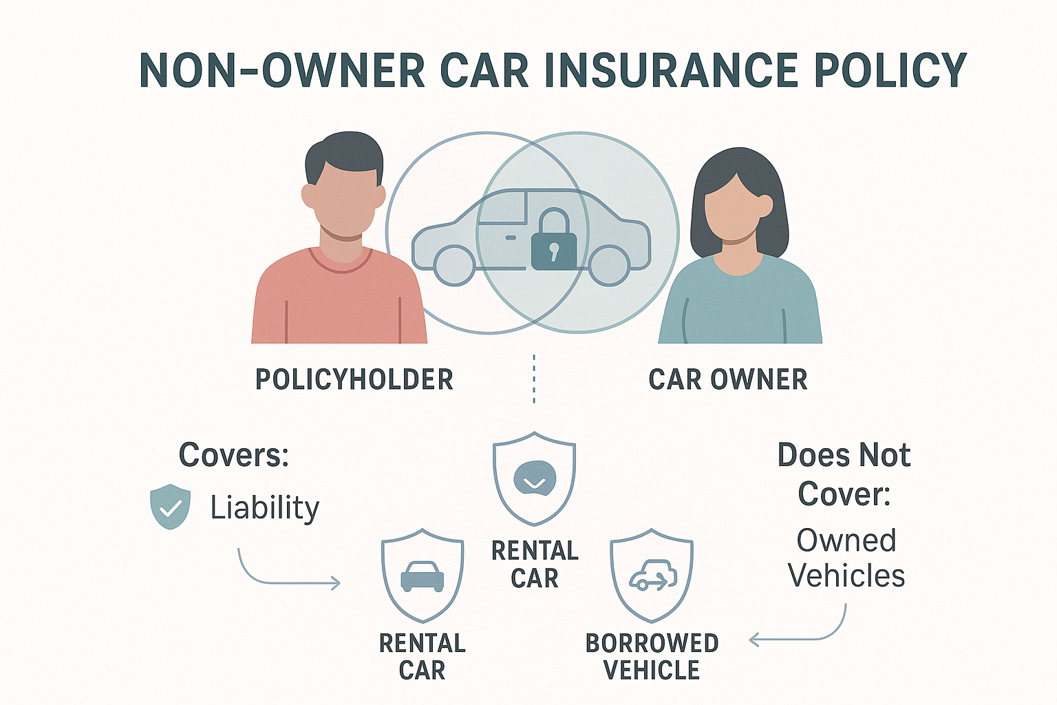 Contemporary infographic illustrates non-owner car insurance. Shows human figures beside a locked car, overlapping circles highlight driver versus car owner, and shield icons depict liability, rental, and borrowed vehicle coverage. Dashed lines, arrows, and clear labels clarify policyholder, coverage areas, and exclusions. Modern, accessible design with muted colors.